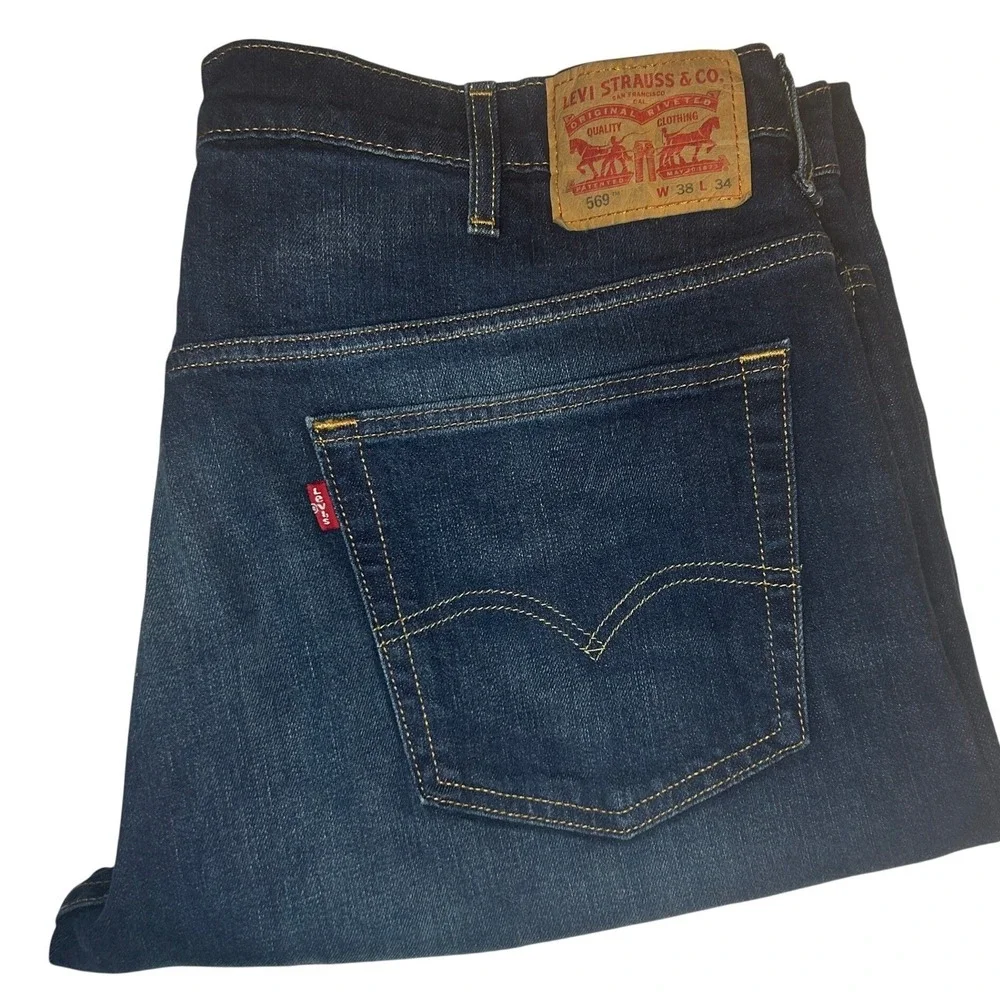 Levi's 569 Loose Straight Jeans 38x34 Mens Dark Wash Blue Stretch Denim